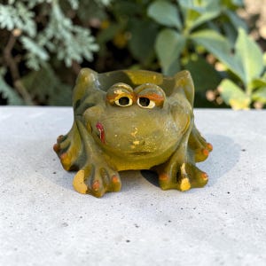 May include: A whimsical frog-shaped planter in shades of green, yellow, and orange. The ceramic frog has large, expressive eyes and a small red detail on its face. The planter is designed to hold small plants or flowers.