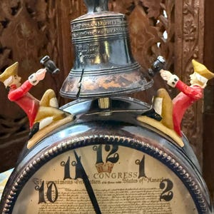 Vintage Elgin Liberty Bell Clock: Animated Bell Ringers, Germany Mid-Century Americana Decor