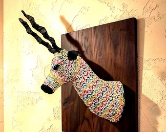 Textile Antelope Wall Mount – Multicolor Woven Fiber, Boho Safari Folk Art