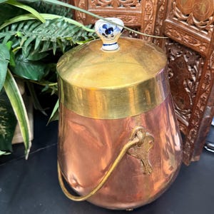 Vintage Dutch Copper Coal Bucket, Brass Lid, Porcelain Knob, Footed Scuttle