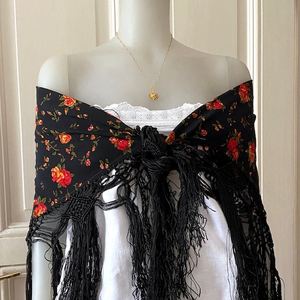 Floral Boho Scarf with fringes, Rose print Dramatic Victorian style shawl