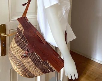 Vintage Boho Sisal Leather Bucket Shopper Bag