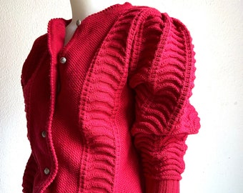 Cardigan con maniche a sbuffo in lana rossa, giacca in maglia Trachten austriaca