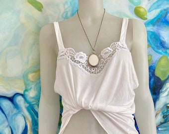 Retro lingerie top white cotton tank top with floral lace