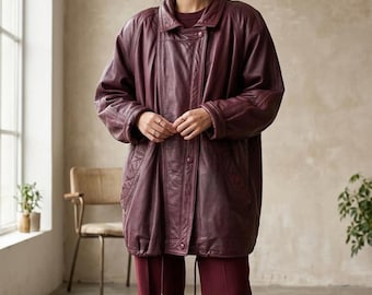 80s Oversized Leather Jacket – Berlin Street Chic, Timeless Cozy Oversized Fit burgundy