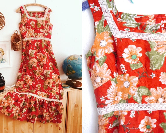 Floral BOHO MAXI DRESS, vintage red white floral h