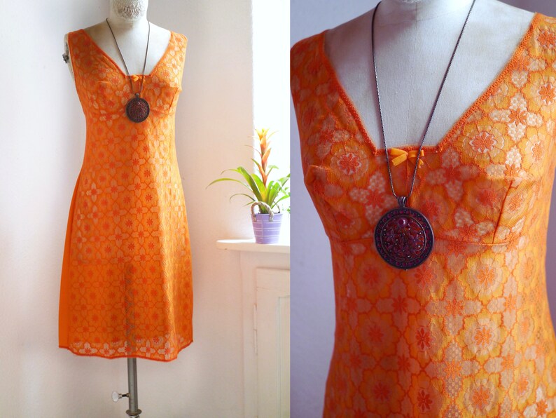 tangerine orange lace slip dress L Waist 35/'/' 88 cm Vintage slip dress 60s negligee