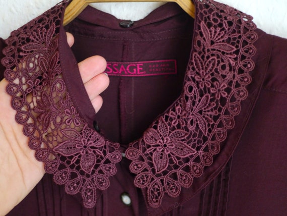 80s lace collar blouse, burgundy blouse with deta… - image 2