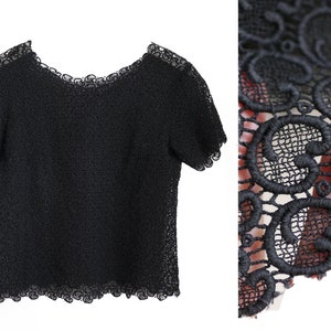 50s BLACK LACE TOP, Audrey, 60s Black lace blouse sheer lace t- shirt / M