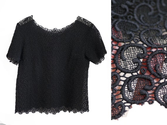 50s BLACK LACE TOP, Audrey, 60s Black lace blouse… - image 1