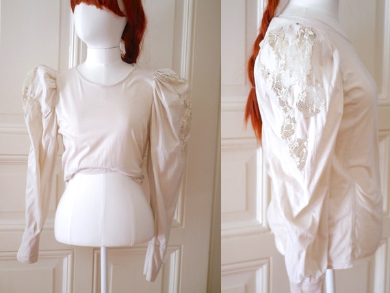 80s puff sleeve top / lace puff sleeve long sleeve