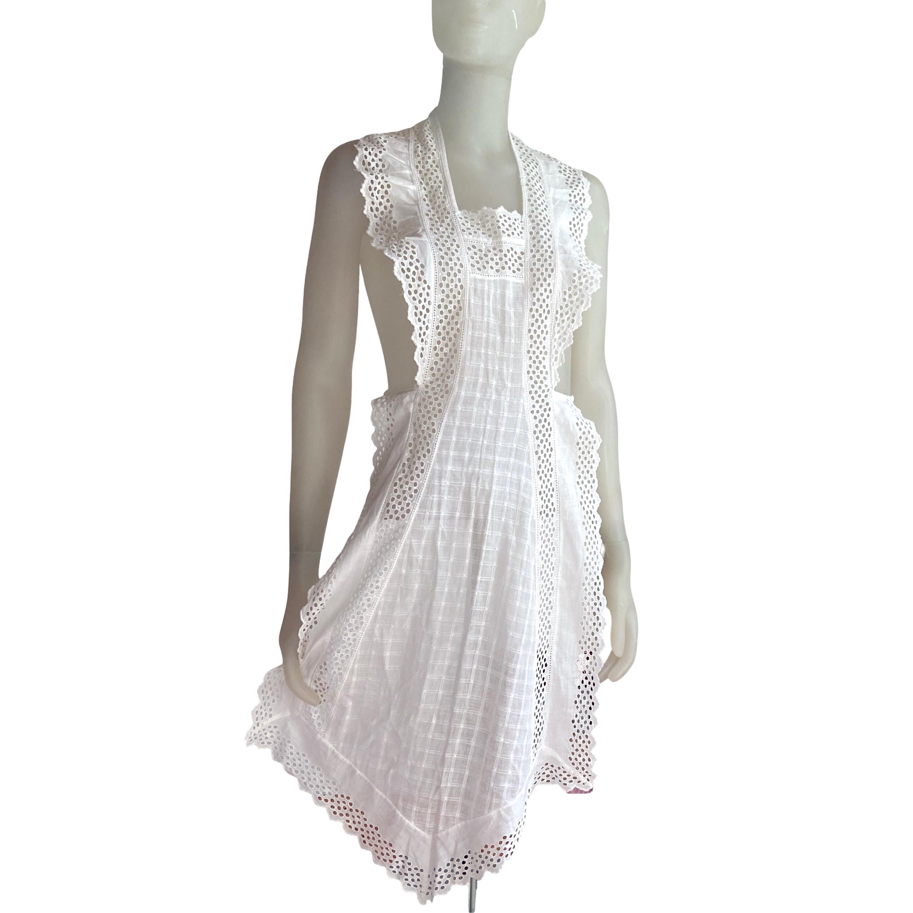 Antique lace Apron, white cotton French maid full apron, embroidery anglaise