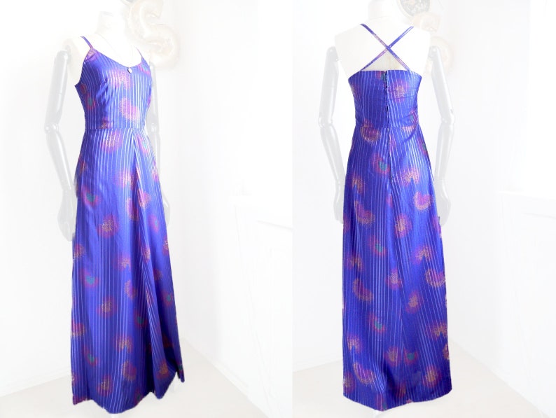 70s PARTY DISCO DRESS /maxi dress, spaghetti straps cross back, vintage dress purple image 1