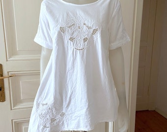 Antique boho blouse, White cotton eyelet lace TOP, Asymmetric summer blouse