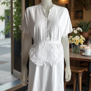 2 x Vintage Waitress / Servant Apron, white cotton tiny half apron embroidery anglaise