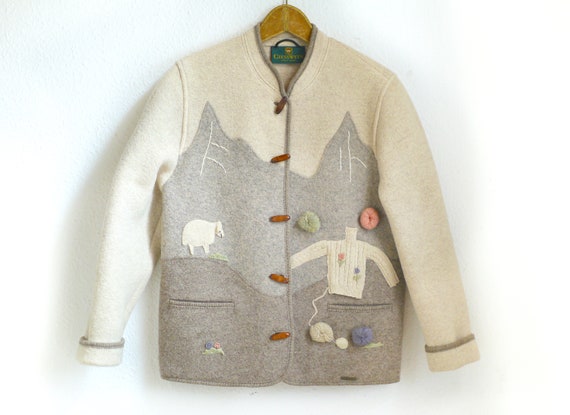 Vintage beige wool Jacket / Folk Knit cardigan bei