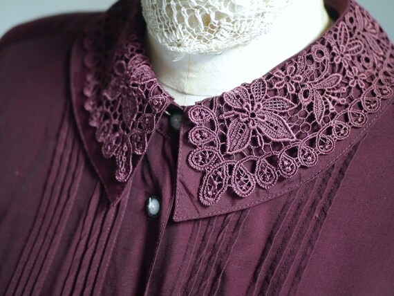 80s lace collar blouse, burgundy blouse with deta… - image 8