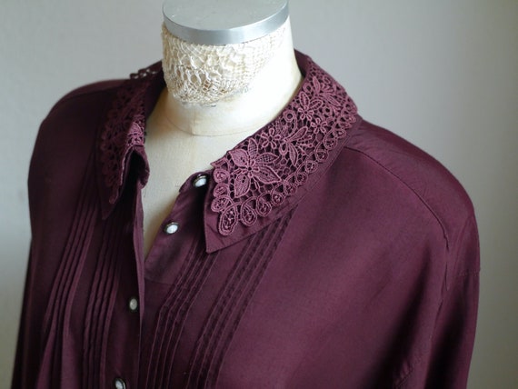 80s lace collar blouse, burgundy blouse with deta… - image 4