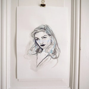Ritratto originale d'arte - Schwarze Tinte Aquarell Malerei - 50er Jahre Hollywood