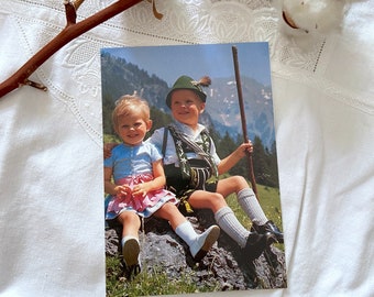 Vintage Nostalgic Bavarian Postcard Traditional kids in the Alps