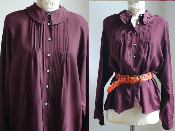 80s lace collar blouse, burgundy blouse with deta… - image 5