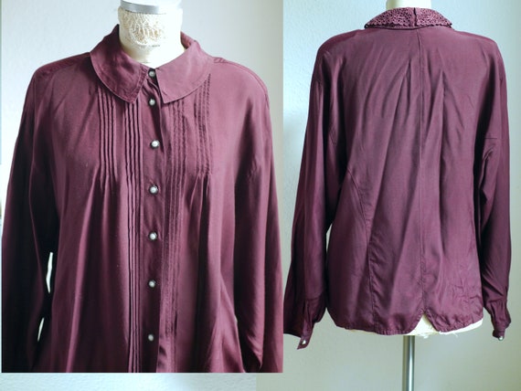 80s lace collar blouse, burgundy blouse with deta… - image 10