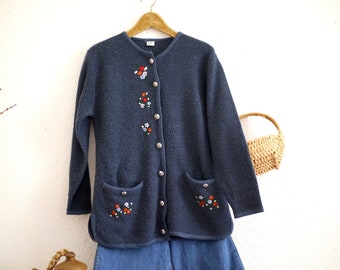 Super cozy must have Blue knit cardigan, women's folk embroidered 80s sweater