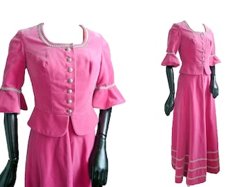 Traje de terciopelo, traje victoriano trachten de estilo histórico de mujer de 2 piezas, falda maxi de terciopelo S-M /rosa, blazer de terciopelo rosa