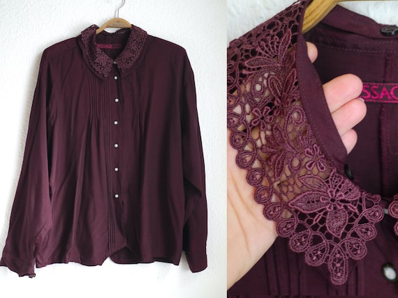 80s lace collar blouse, burgundy blouse with deta… - image 1