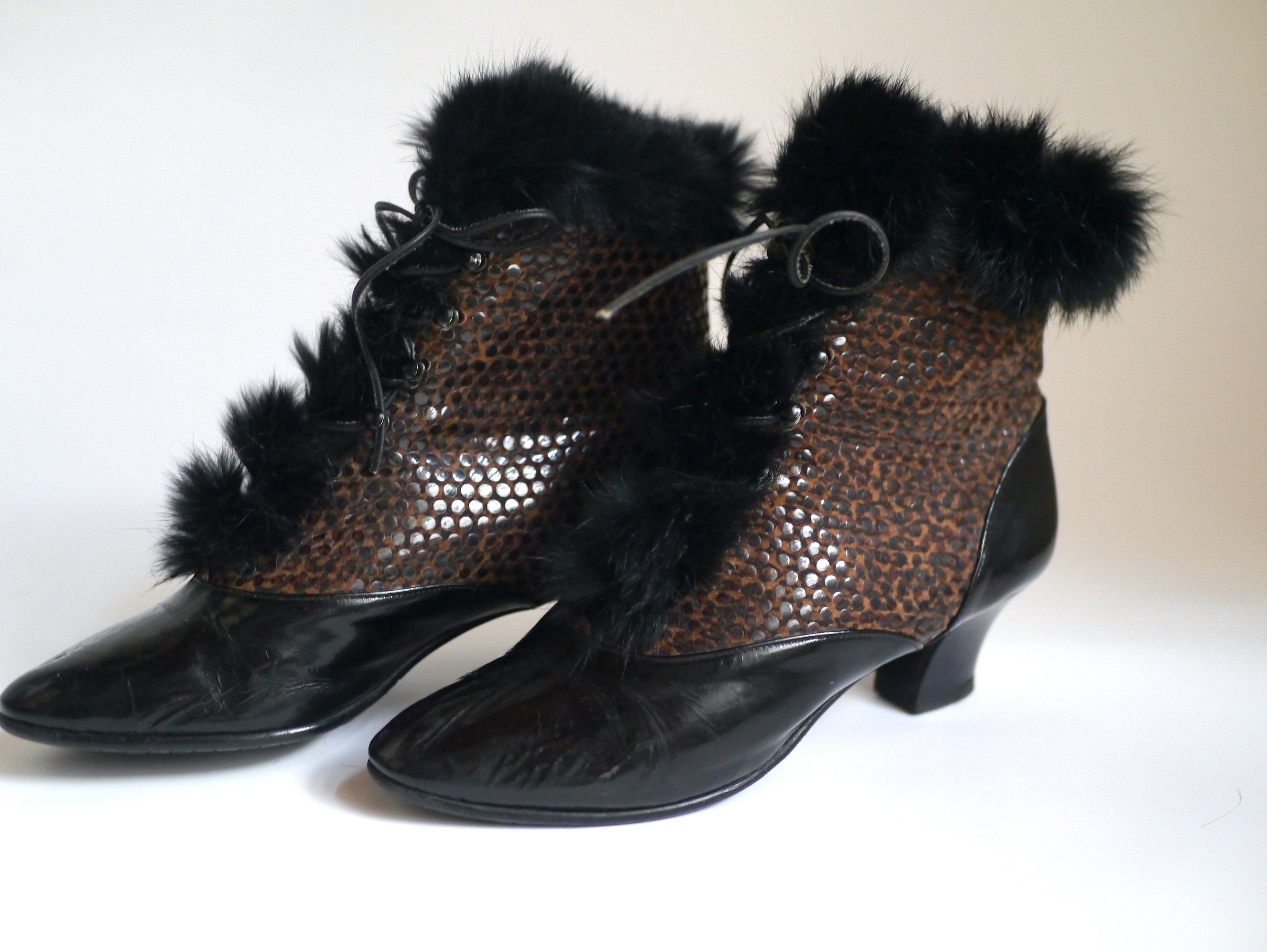 80s ANKLE BOOTS Vintage Victorian Inspired Booties New Wave Fur Trimmed Lace up Boots Mid Heel 37 5 Etsy UK