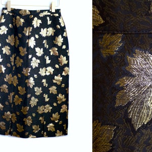 Vintage pencil SKIRT with gold leaf embroidery, festive chic skirt