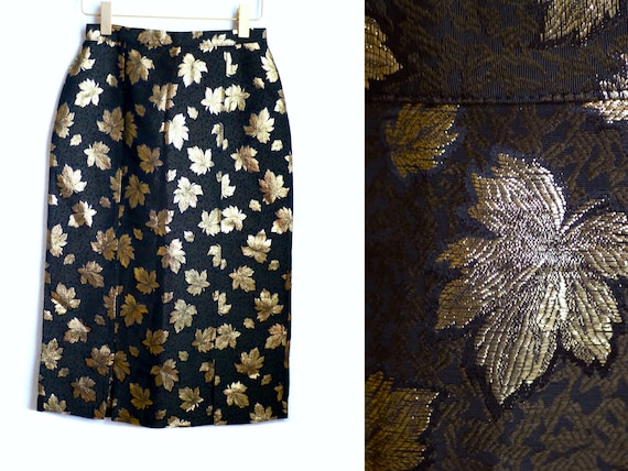 Vintage Pencil SKIRT With Gold Leaf Embroidery, Festive Chic Skirt  