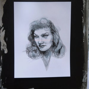 Ritratto originale d'arte - pittura ad acquerello con inchiostro nero - disegno di ritratto - volto femminile - arte contemporanea - ispirato a Lauren Bacall