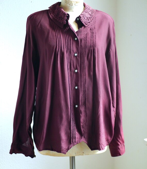 80s lace collar blouse, burgundy blouse with deta… - image 6
