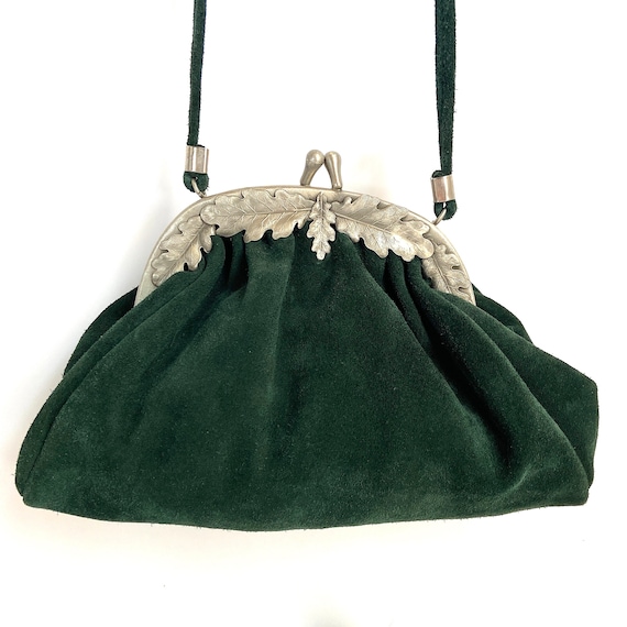 Ladies cross shoulder Purse, Forest Green suede B… - image 5