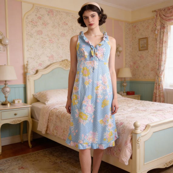 blue babydoll slip dress 60s Vintage Babydoll Slip Dress, Blue Floral Print, Lightweight Summer Dress