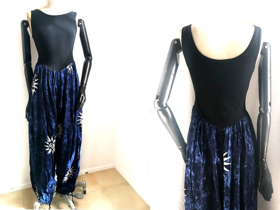 90s JUMPSUIT, women's blue playsuit, Starry night