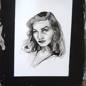 Ritratto originale Fine art - Pittura ad acquerello a inchiostro nero - disegno ritratto - volto femminile - arte contemporanea - Lauren Bacall ispirata