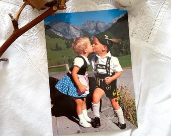 Vintage Nostalgic Bavarian Postcard Traditional kids in the Alps