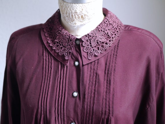 80s lace collar blouse, burgundy blouse with deta… - image 7