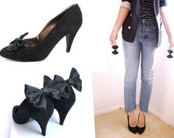 Black suede 80s Bow PUMPS, Italien designer heels with detachable bow clips, 38