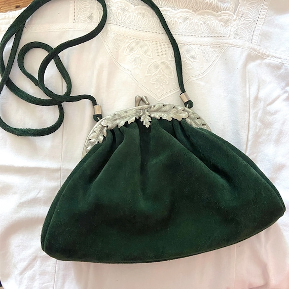 Ladies cross shoulder Purse, Forest Green suede B… - image 1