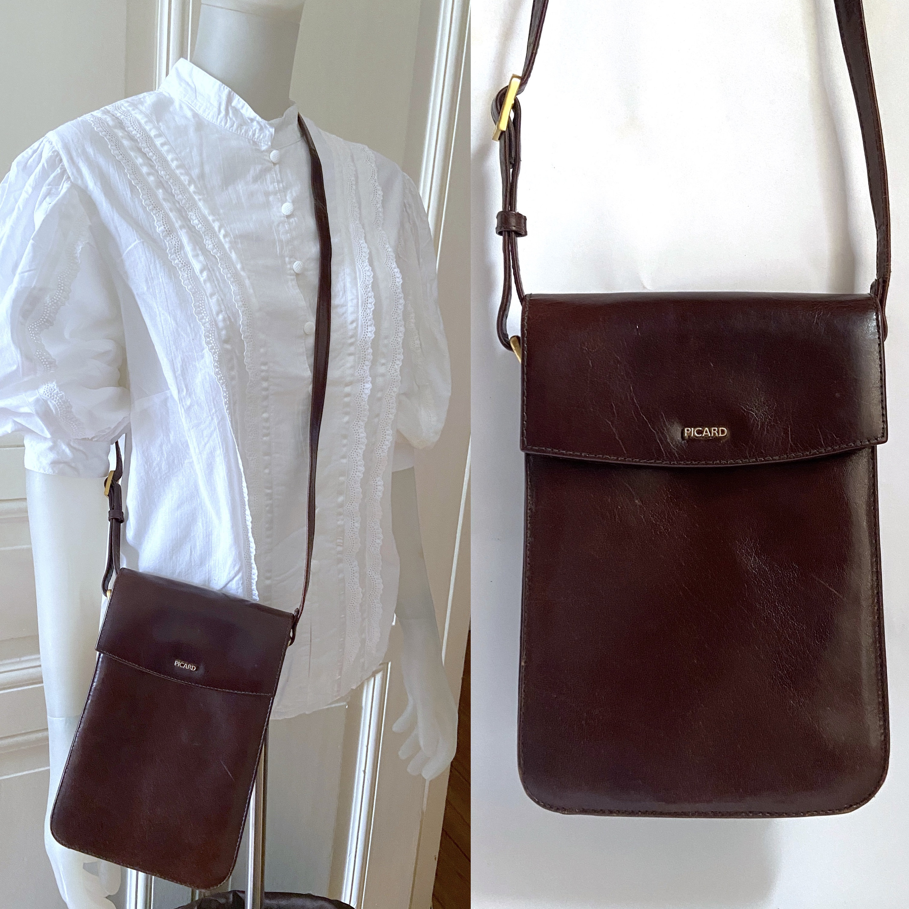 Sac Besace PICARD En Cuir Véritable - Noir - Vintage - Occasion