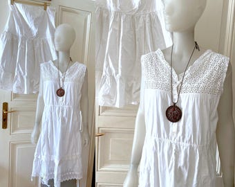 2 piece Antique White Cotton SET - dress - skirt - Victorian boho slip dress