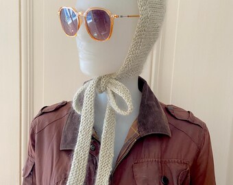 Hand Knit Bonnet, Pastel Mint Mohair Silk Hood, Tie Under Chin