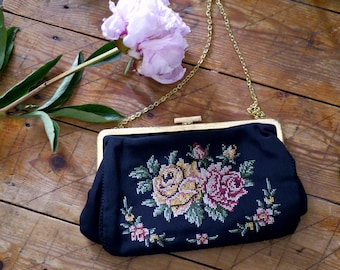 Floral Gobelin purse Bohemian handbag with gold chain