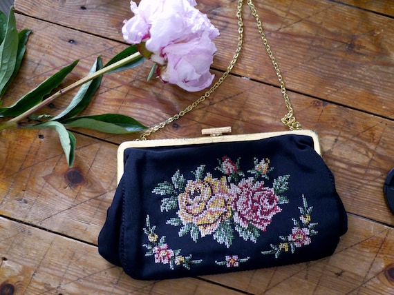 Floral Gobelin purse Bohemian handbag with gold c… - image 1