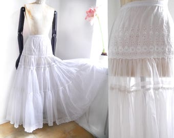 Vintage White Lace Petticoat Skirt, Tiered Eyelet Cotton Maxi