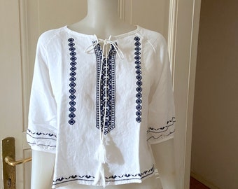 Vintage Peasant Shirt, White Embroidered Folk Blouse