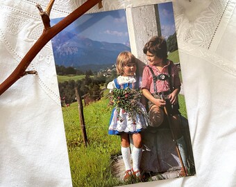 Vintage Nostalgic Bavarian Postcard Traditional kids in the Alps